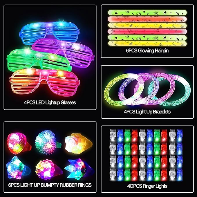 60pcs LED Light Up Toys Party Favours Glow in the Dark Party Supplies for Kid/Adults Halloween with 40 Finger Lights, 6 Jelly Rings,4 Flashing Glasses, 4 Glow