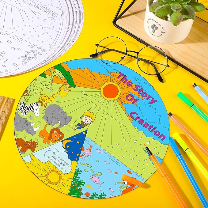 Ireer 24 Sets Sunday School Crafts for Kids Religious Activities Color Your Own Creation Wheel The Story of Creation Wheel Religious Art for Kids VBS Crafts