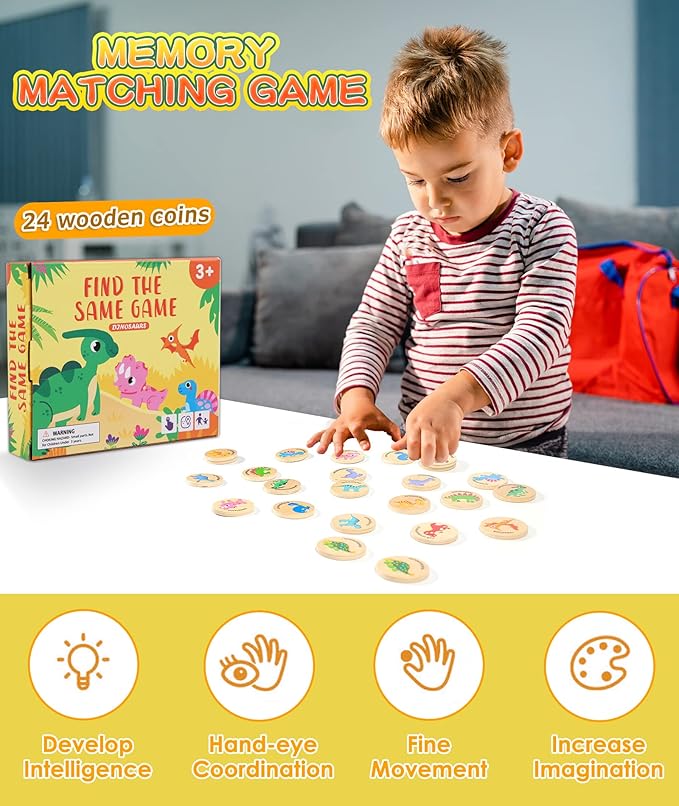 Wooden Match Memory Game for Kids, 24Pc Memory Matching Cards, Educational Memory Matching Game for Pre-Kindergarten Early Learning Development Kids-Dinosaur