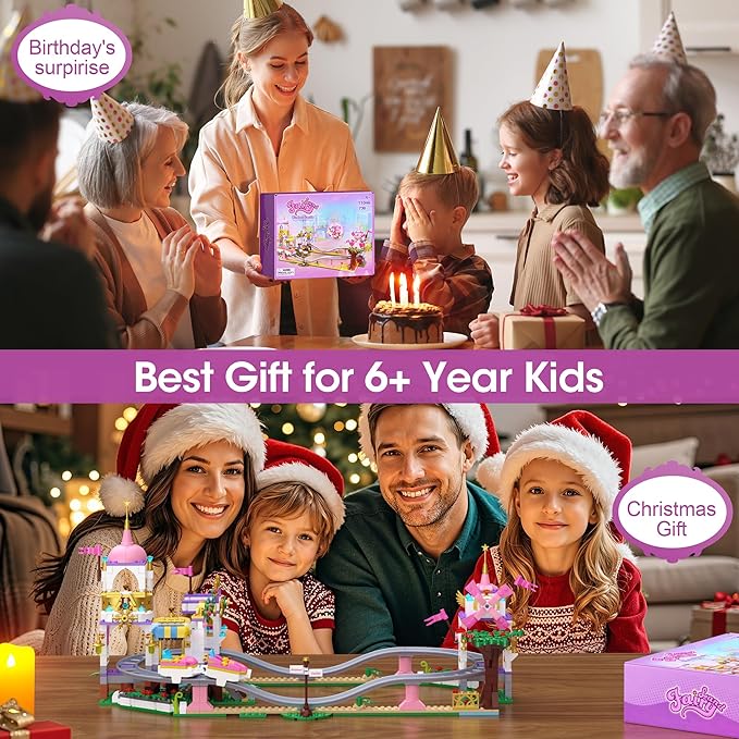 Castle Roller Coaster Building Set – 738Pcs STEM Amusement Park Construction Kit for Kids, Creative Pink Playground Blocks Birthday for Girls Boys Ages 6-12