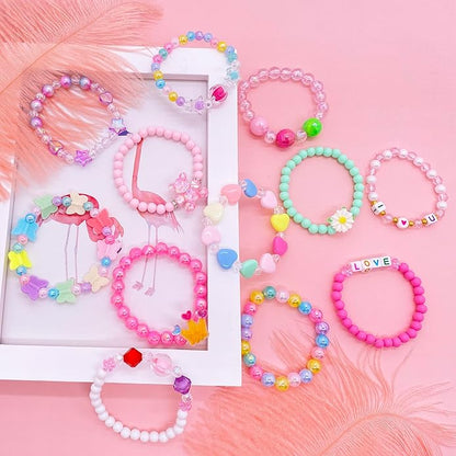 12 PCS Kids Bracelets for Girls Jewelry Little Girl Beaded Bracelets Flower Butterfly LOVE Letter Pink Princess Pretend Play Easter Christmas Birthday Gift
