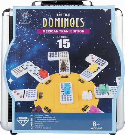 Dominoes Set for Adult, Double 15 Dominoes Set Double 15 Colored Dot Mexican Train Domino Set,Dominoes with Aluminum Case, 136 Tiles (2-10 Player)