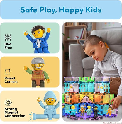Picasso Toys Magnetic Action Figures 8 Piece Family Character for Construction Building Block Tiles Toddler Toy Set Magnet Expansion Variety Pack Educational STEM Learning Kit Pretend Playset PTA11