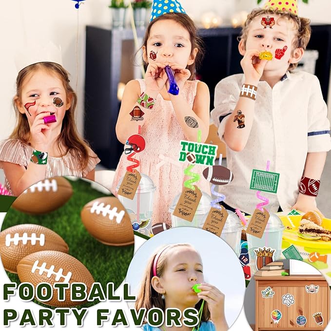 Football Party Favors, 172 pcs Birthday Party Supplies contains Cups, Straws, Whistles, Bracelets, Keychains, Stickers, Soft Balls, Tatoo Stickers, Thank You Tags for Sport Themed Birthday Decors