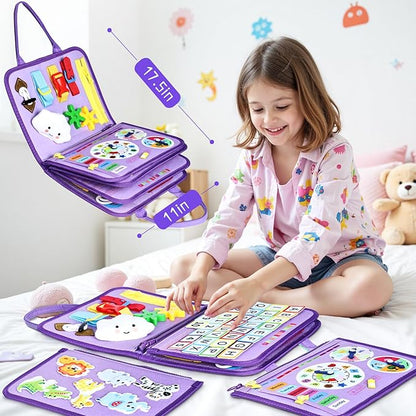 Esjay Toddler Busy Board Montessori Toys for Girls, Sensory Book Educational Activities Learning Fine Motor Skills, Birthday Gifts for Girls Toddlers, Travel Toys for Airplane Car, Purple Merpeople