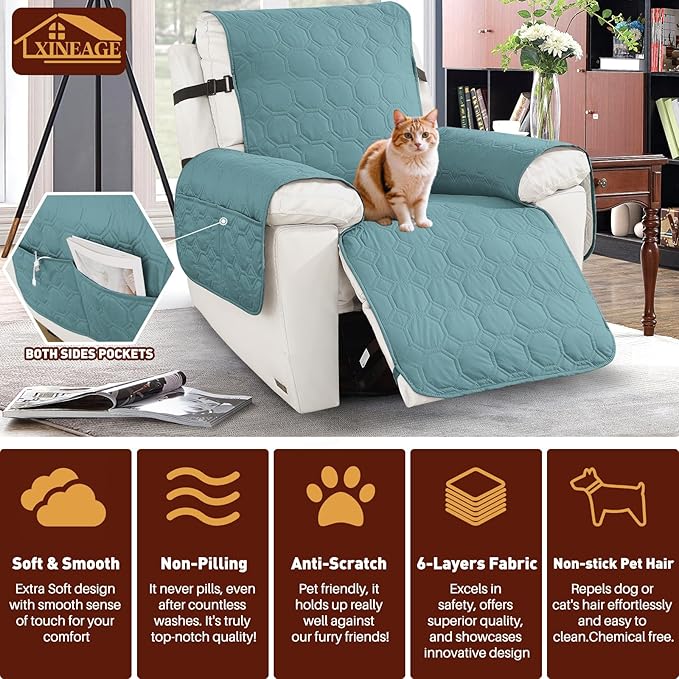XINEAGE 100% Waterproof Recliner Chair Cover, Non Slip Covers for Recliner Chair with Pocket, Washable Dog Recliner Couch Cover with Elastic Straps (Light Blue, 23.6")