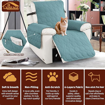 XINEAGE 100% Waterproof Recliner Chair Cover, Non Slip Covers for Recliner Chair with Pocket, Washable Dog Recliner Couch Cover with Elastic Straps (Light Blue, 23.6")