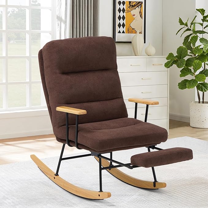 Rocking Chair with Footrest-Glider Rocker Chair with Retractable Footrest and Adjustable Backrest, Teddy Upholstered Rocking Chair Set of 2, Accent Chair for Living Room/Nursery/Bedroom/Outdoor-Brown
