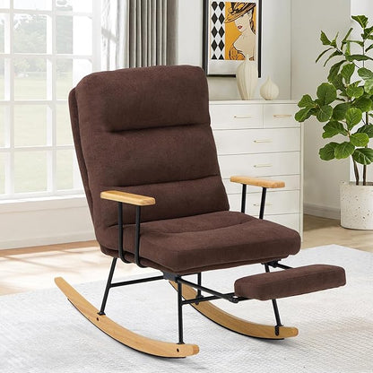 Rocking Chair with Footrest-Glider Rocker Chair with Retractable Footrest and Adjustable Backrest, Teddy Upholstered Rocking Chair Set of 2, Accent Chair for Living Room/Nursery/Bedroom/Outdoor-Brown