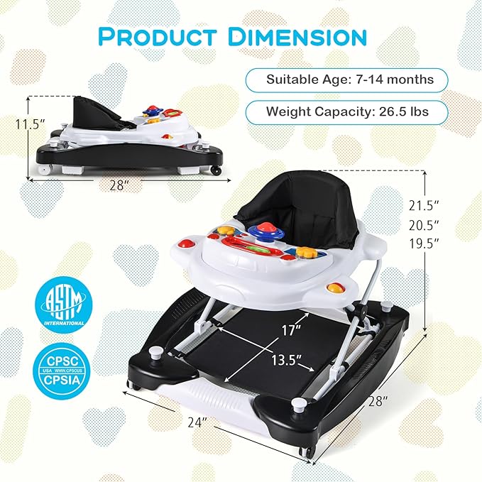 BABY JOY 6-in-1 Baby Walker, Foldable Baby Walker with Wheels, Adjustable Height, Music, Lights, Bouncer & Rocker Mode, Baby Walkers for Boys Girls 6-14 Months (Black)