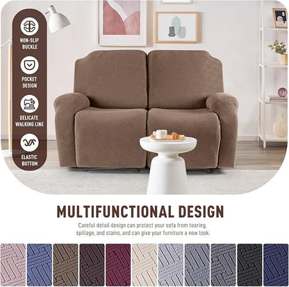 KinCam Recliner Covers, Stretch Reclining Chair Covers, Recliner Sofa Slipcovers Stripe Jacquard Recliner Couch Covers Furniture Protector Covers for Pet Kid (2 Seater, Light Coffee)