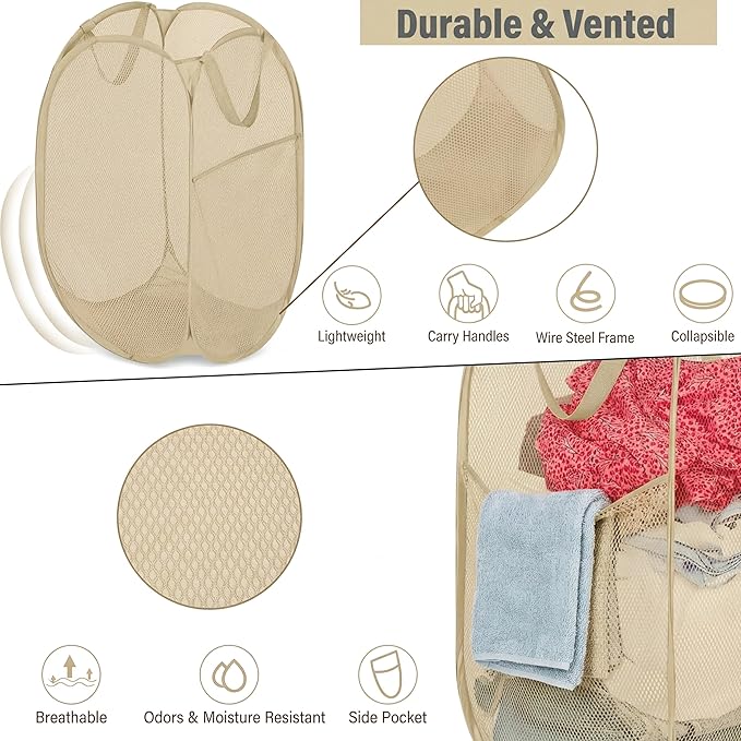 BATTOO Deluxe Strong Mesh Pop up Laundry Hamper Basket with Side Pocket for Laundry Room, Bathroom, Kids Room, College Dorm or Travel Beige