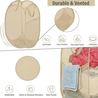 BATTOO Deluxe Strong Mesh Pop up Laundry Hamper Basket with Side Pocket for Laundry Room, Bathroom, Kids Room, College Dorm or Travel Beige