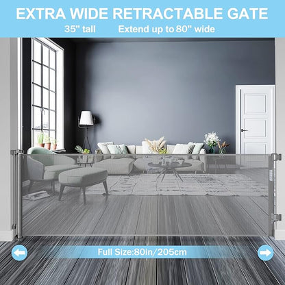 80 Inch Extra Large Retractable Baby Gates Extra Wide Baby Gates for Large Openings Indoor Pet Gates for Dogs Indoor Big baby Gate for Doorways Extra Long Baby Gate Outdoor Pet gate for Doorway (Grey)