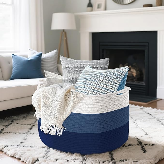 Maliton XXX Large Cotton Rope Blanket Basket, 22" x 22" x 14" Storage Baskets for Organizing, Kids Dog Toy Storage Box Organizer Bins, Blanket Holder for Living Room, Bedroom, Kids Room, Bathroom