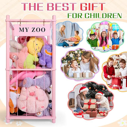 GLDZI Stuffed Animal Storage Zoo, Wooden Stuffed Animal Organizer with Elastic Cords for Boys Girls, Space Saving Toy Plushies Storage Holder for Playroom, Bedroom, Living Room (Pink, Small)