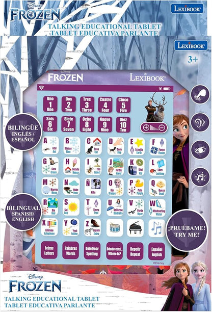 LEXiBOOK Disney Frozen, Educational Bilingual Learning Tablet, Learn Letters Numbers Words Spelling and Music, English/Spanish Languages, Blue, JCPAD002FZi2