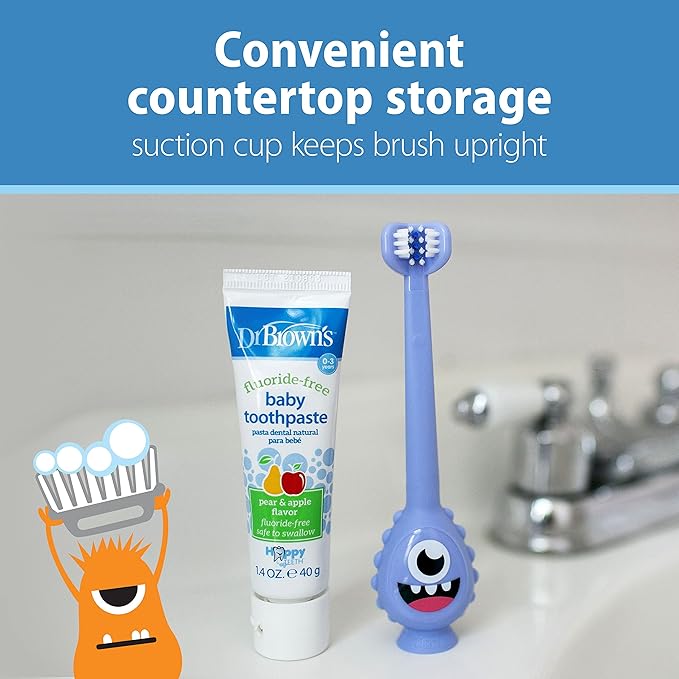 Dr. Brown's ToothScrubber Toothbrush, Three-Sided Toddler Training Toothbrush for Ages 1-4 Years with Suction Cup Base and Color Changing Bristles