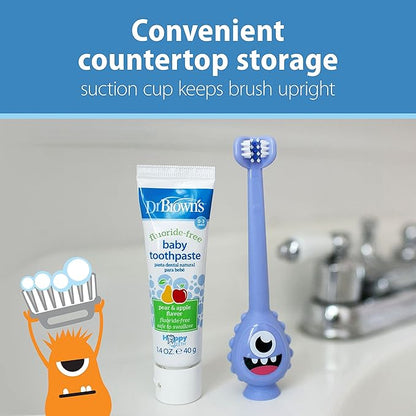 Dr. Brown's ToothScrubber Toothbrush, Three-Sided Toddler Training Toothbrush for Ages 1-4 Years with Suction Cup Base and Color Changing Bristles