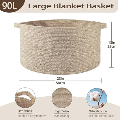 OIAHOMY 90L Blanket Basket for Living Room, Large Basket 23" x 23" x 13" with Handle, Laundry Hamper for Blankets, Pillows, Toy Storage for Kids, Dogs - Brown