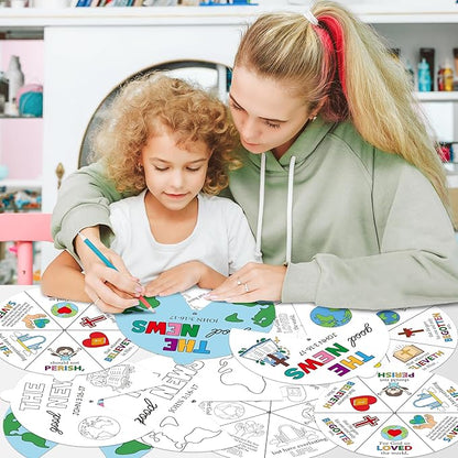 COcnny Religious Christian Craft Activities - 24 Sets John 3:16 Coloring Crafts for Kids, Color Your Own Bible Wheel Cards, DIY Jesus Biblical The Good News Art Paper Game for Sunday School Class Home