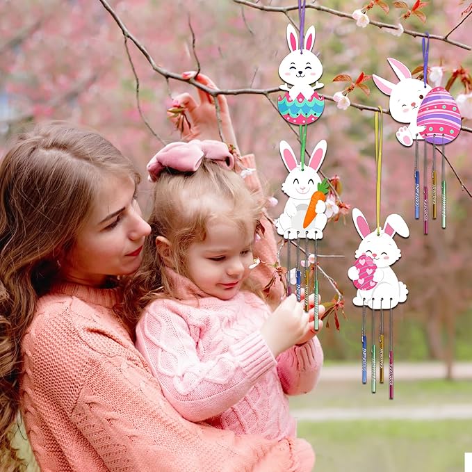 Fennoral 24 Pack Bunny Wind Chime Kit for Kids Make You Own Easter Rabbit Wind Chimes DIY Coloring Wooden Easter Craft for Girls Boys for Easter Hanging Ornaments Easter Party Decoration