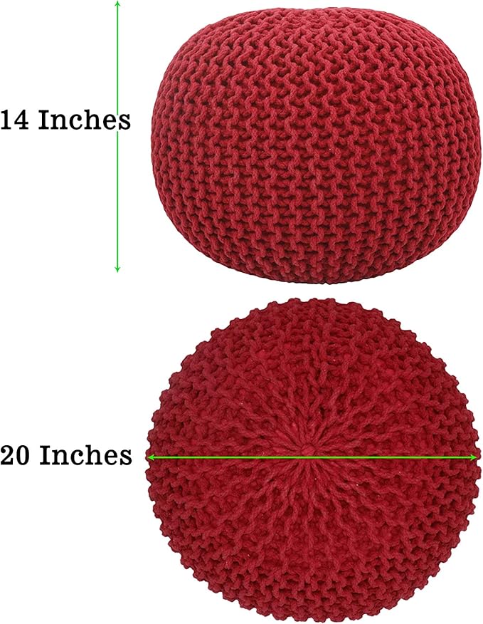 COTTON CRAFT - Hand Knitted Cable Style Dori Pouf - Red - Floor Ottoman - Cotton Braid Cord - Handmade & Hand Stitched - Truly one of a Kind Seating - 20 Dia x 14 High