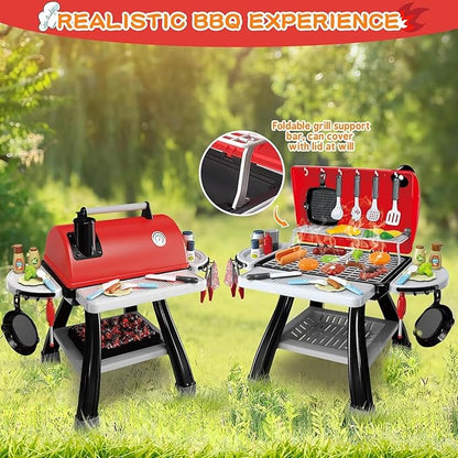 Kids Play Kitchen Toys, Kids BBQ Grill Kitchen Playset with Smoke, Sound & Light, Play Food Toys Cooking Set, 2-Layer Barbecue Outdoor Play Grill Toy Gift for Toddler Boys Girls 3-5