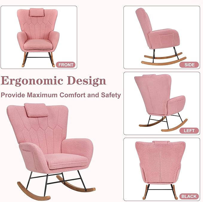 VECELO Rocking Chair Nursery with Thick Headrest, Modern Teddy Upholstered Reading Glider Rocker Accent Armchair with High Backrest, Padded Seat, Side Pocket, for LivingRoom, Bedroom, Baby Room, Pink