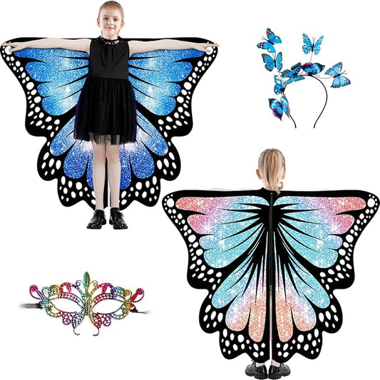 Butterfly Wings For Girls, Double-Sided Fairy Wings, Halloween Costumes for Kids, 3PCS Butterfly Cape Set.