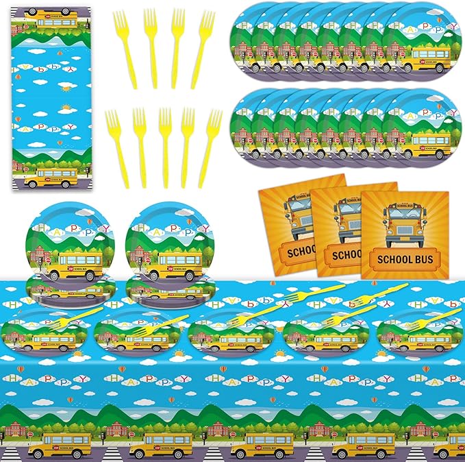 School Bus Birthday Party Supplies Back to School Decorations School Bus Theme Party Tableware Includes Plates Napkins Fork and School Bus Tablecloth for Kindergarten Parties Decorations Set Serve 20