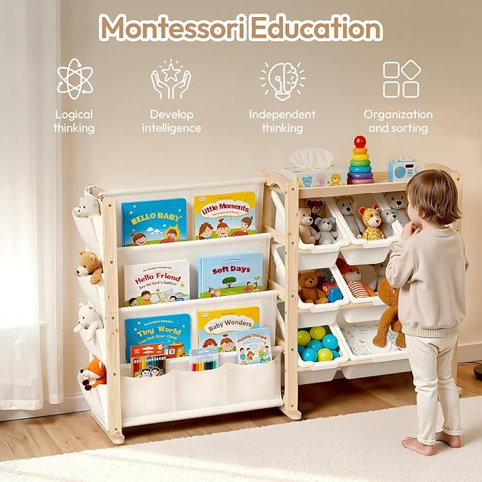 Fodoss Book Shelf for Kids Rooms - Toy Storage Organizer with Bookshelf, Solid Wood Kids Bookshelf with 7 Bins, Side Storage Pockets, Large Toy Organization for Nursery, Natural Pine