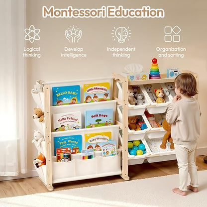 Fodoss Book Shelf for Kids Rooms - Toy Storage Organizer with Bookshelf, Solid Wood Kids Bookshelf with 7 Bins, Side Storage Pockets, Large Toy Organization for Nursery, Natural Pine