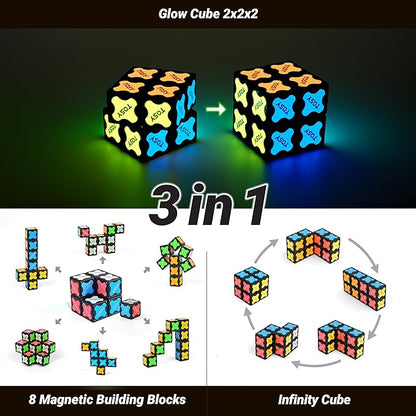 TOSY Magnet Cube 2x2 - 8 Blocks, 2in1 Toy: 2x2x2 Puzzle Cube and Customizable Infinity Cube, Easter Basket Stuffers Gifts for Kids/Grandkids, Glowing with UV Flashlight, Sensory/STEM Toy