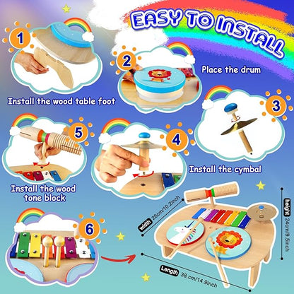 Kids Drum Set, Baby Musical Instruments Toys for Toddlers, 7 in 1 Wooden Xylophone Toddler Drum Set Percussion Instruments Musical Toys Birthday Gifts for Children Boys and Girls