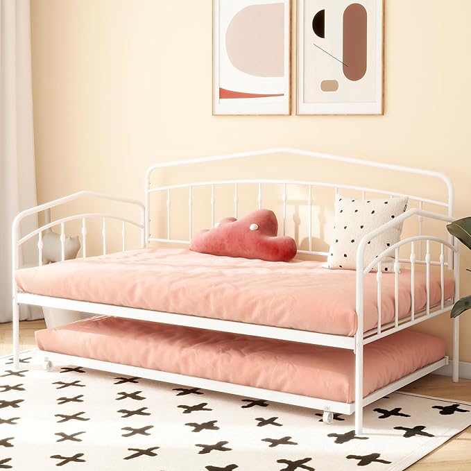 Christopher Knight Home Fox Twin Daybed with Trundle, Metal Sofa Bed Set, Rollaway Daybed Couch Bed Frame for Bedroom Living Room Guest Room, Elegant and Simple Style, Anti-Noise, Easy Assembly, White