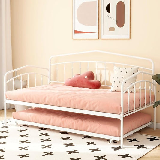 Christopher Knight Home Fox Twin Daybed with Trundle, Metal Sofa Bed Set, Rollaway Daybed Couch Bed Frame for Bedroom Living Room Guest Room, Elegant and Simple Style, Anti-Noise, Easy Assembly, White