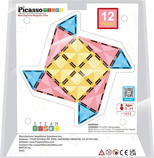 PicassoTiles Magnet Tile Building Blocks Mini Diamond Series Magnetized Toy Travel Size Compact Portable Magnetic Construction Block STEM Sensory Toy Early Education Learning Kids Ages 3+ PTM12