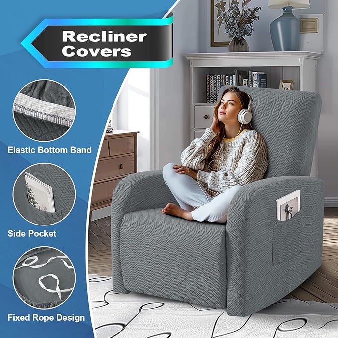 JIVINER 3 Piece Small Recliner Covers for Large Recliner with Pockets Stretch Jacquard Lazy Boy Reclining Couch Cover Soft Furniture Couch Protector with Elastic Bottom (1 Seater Small, Light Grey)