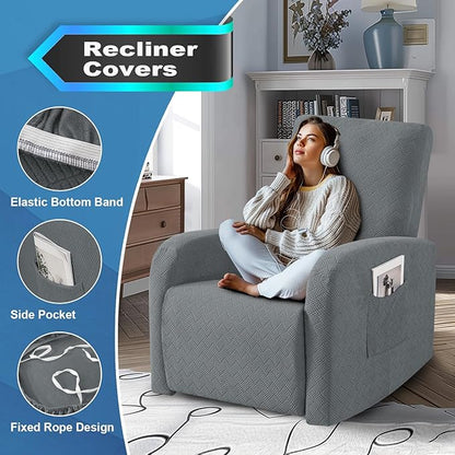 JIVINER 3 Piece Small Recliner Covers for Large Recliner with Pockets Stretch Jacquard Lazy Boy Reclining Couch Cover Soft Furniture Couch Protector with Elastic Bottom (1 Seater Small, Light Grey)