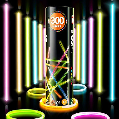 300 Pc 8” Ultra Bright Glow Sticks Bulk Party Pack - Halloween Glow in The Dark Party Favors - Glowsticks Party Supplies Pack Necklaces and Bracelets