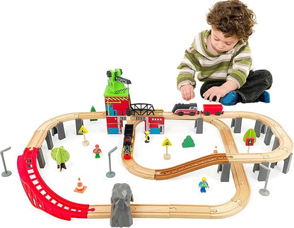 Toy Train Accessory with Track for Kids Age 3 and Up, Wooden Train Track Accessories Crane Bridge Compatible with Thomas, Brio, Chuggington, Melissa and Doug and All Major Brand Railway Track