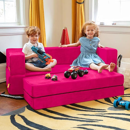 Jaxx Zipline Sofa & Large Ottoman 3 in 1 Fold Out Sofa, Big Kids Edition, Fuchsia, 17454