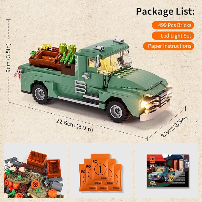 FUNWHOLE Retro Farm Truck LED Light Building Model Set - 499 Pcs Construction Bricks for Adults and Teens