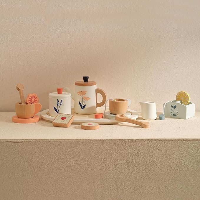 PairPear Wooden Tea Set for Toddlers,Wooden Toys Tea Party Set Play Kitchen Accessories for Kids Girls and Boys 3 Years and up,Toddler Princess Tea Time Party Food Toys