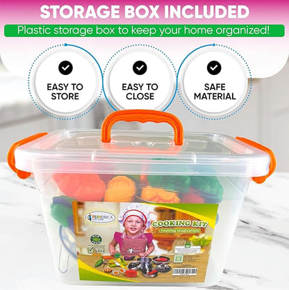 FUNERICA Toddler Kitchen Accessories Playset with Cutting Food Vegetables - Stainless-Steel Play Pots & Utensils - Apron & Chef Hat - Toy Knife & Cutting Board (Apron: Red. Checkerboard Design)