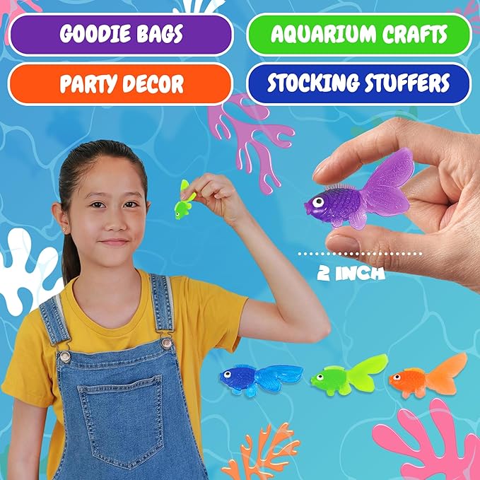 Bedwina Plastic Vinyl Goldfish - 144 Pcs, 2 Inches Long Gold Fish Toys in Assorted Colors for Party Favors for Kids, Decorations, Crafts, Games and Birthday Party Supplies