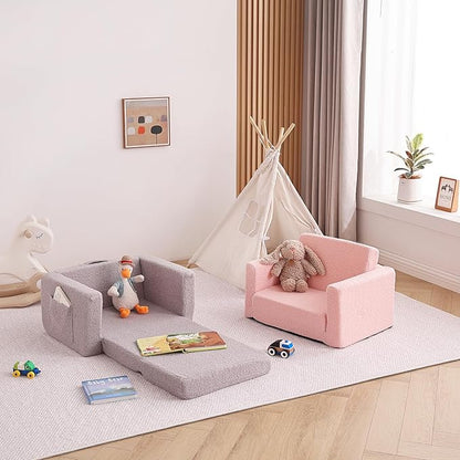 Tiita Kids Sofa, 2-in-1 Kids Sofa Chair, Convertible Children Couch to Lounger, Flip Out Kids Sofa Chair, Toddler Armrest Chair Bed, Folding Kids Play Sofa for Girl or Boy (Grey)