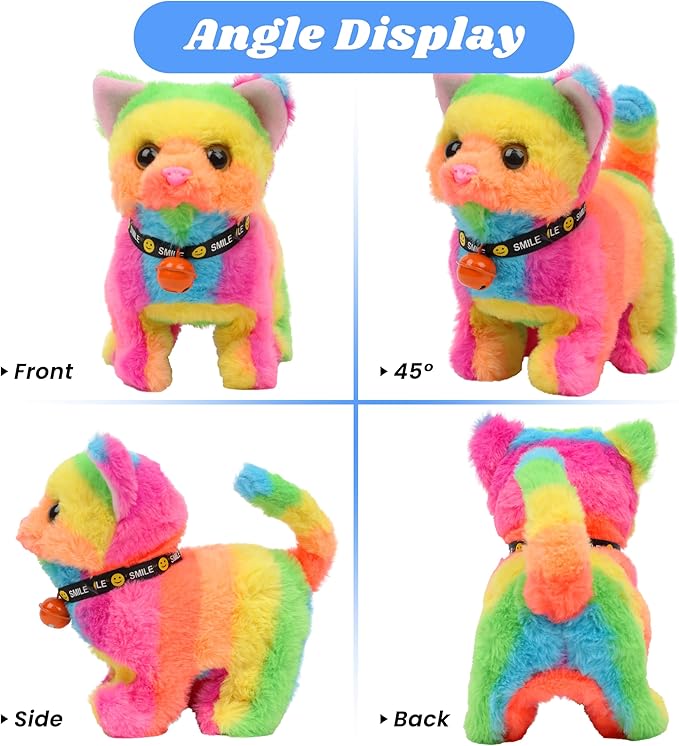 Hopearl Walking Cat Interactive Electronic Pet Plush Kitty Toy with Sounds and Movements Animated Meow Shake Head Wiggle Tail Gifts for Toddlers Birthday, Rainbow, 7''