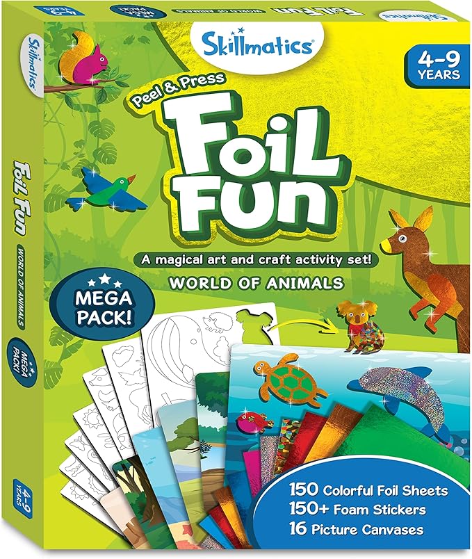 Skillmatics Art & Craft Activity - Foil Fun Animals Mega Pack, No Mess Art for Kids, Craft Kits & Supplies, DIY Creative Activity, Gifts for Boys & Girls Ages 4, 5, 6, 7, 8, 9, Travel Toys